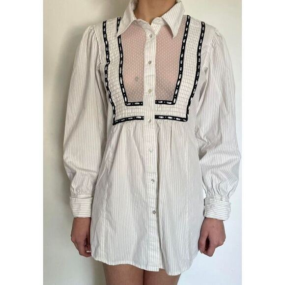 Free People White And Black Striped Button Up Tunic Long Sleeve Top Sz 2 - Picture 9 of 10